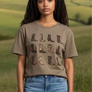 Y&F Women Tan Rhinestone Cowboy Boot Graphic T-Shirt Short Sleeve Western S/M